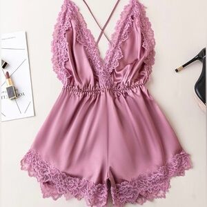 NWOT Elegant Lace Trim Cami Satin Romper - Dusty Pink, Intimate Pajamas Size L